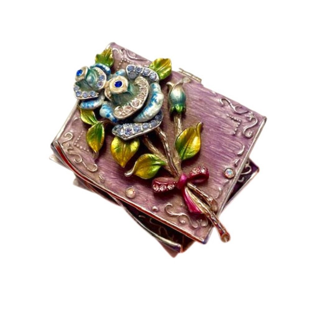Bijorca Trinket Box Stack of Books and Flowers Enamel Ring Box Rhinestones Vtg